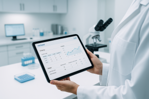 Un profesional de laboratorio de fertilidad sostiene una tablet con el registro digital de una paciente, mostrando el seguimiento de ovocitos y embriones en un entorno clínico limpio y moderno.