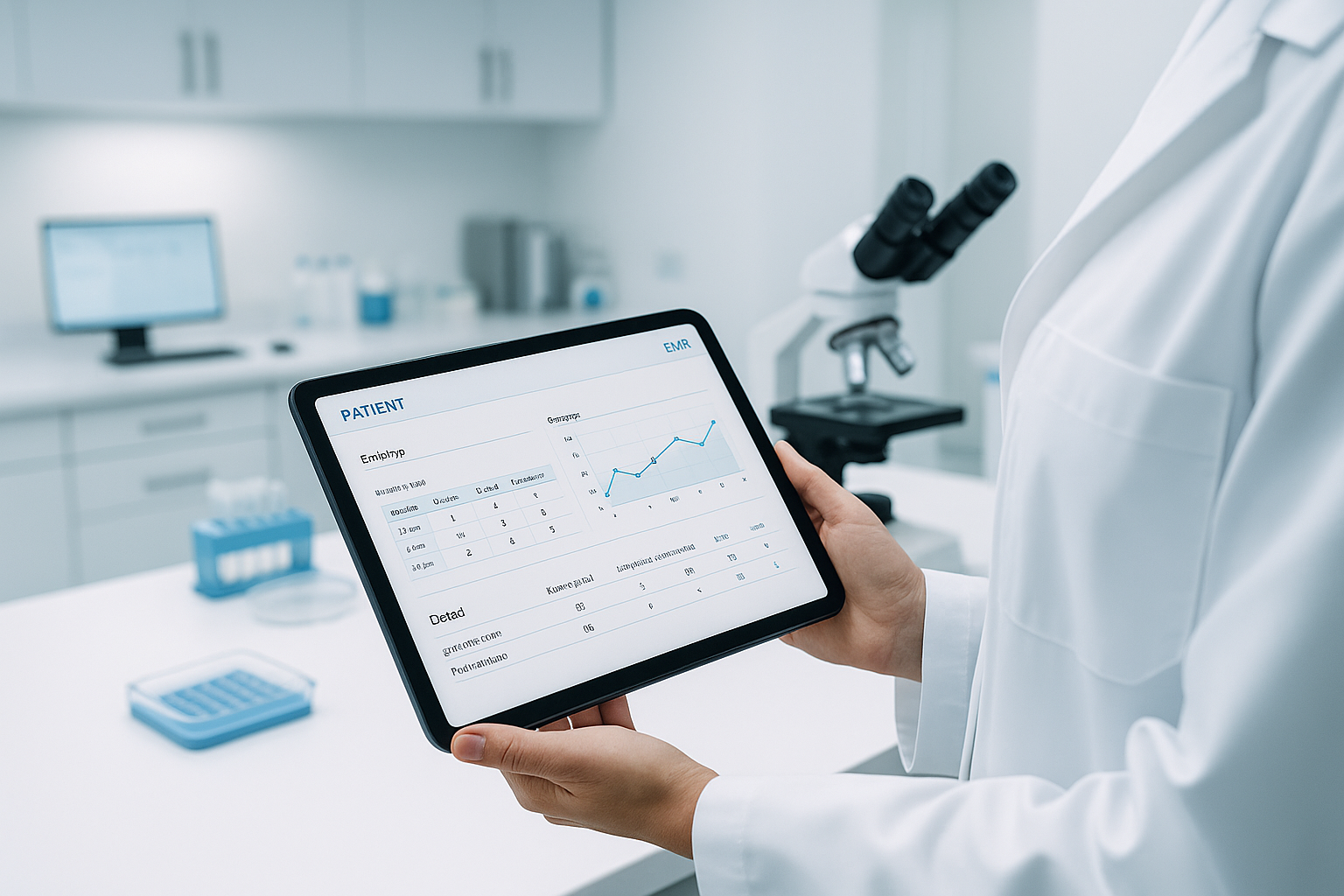 Un profesional de laboratorio de fertilidad sostiene una tablet con el registro digital de una paciente, mostrando el seguimiento de ovocitos y embriones en un entorno clínico limpio y moderno.
