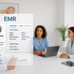 Healthcare professionals in a modern meeting room with an EMR interface overlay, representing the digital transformation in clinical practice.