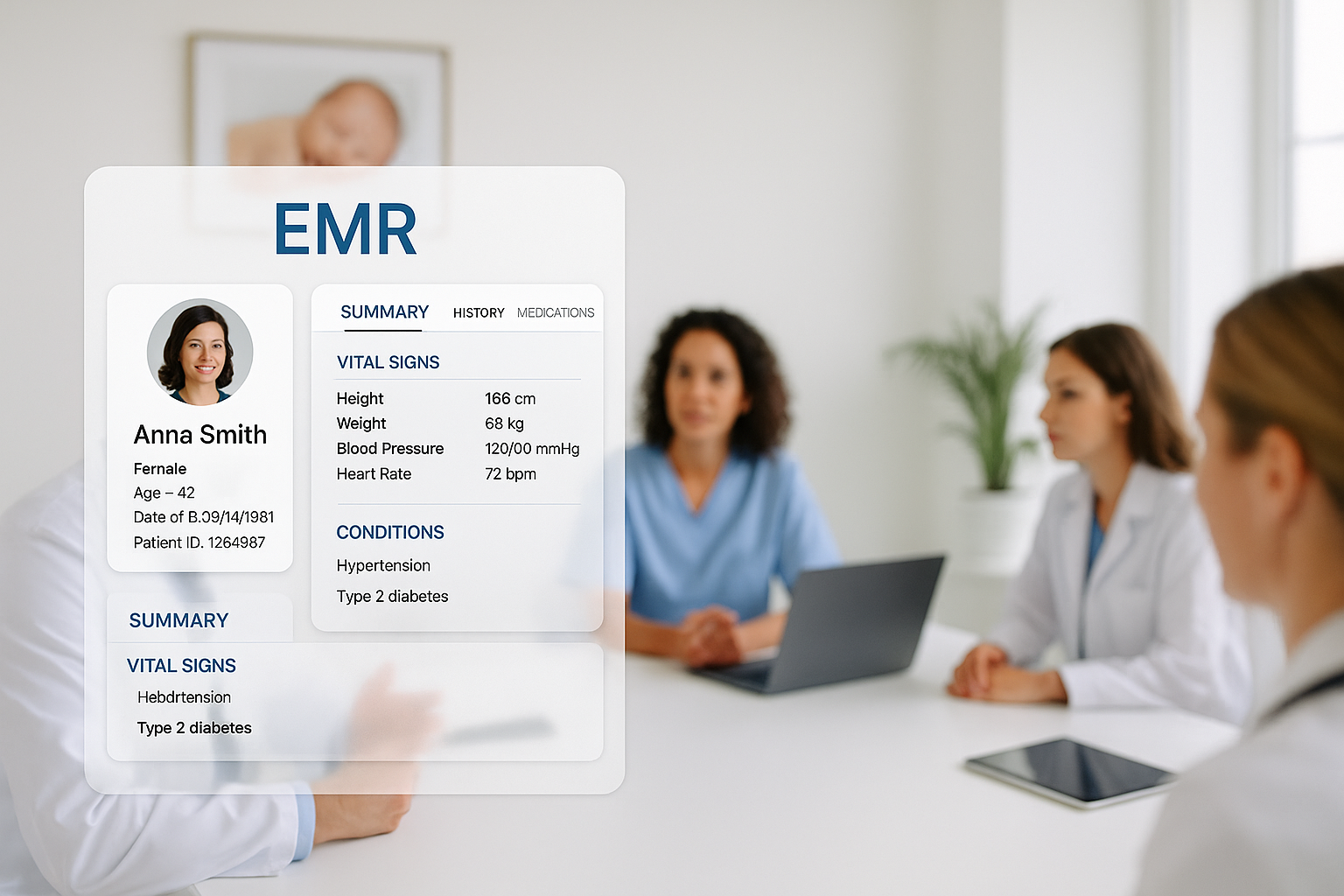 Healthcare professionals in a modern meeting room with an EMR interface overlay, representing the digital transformation in clinical practice.
