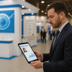 Doctor at a reproductive health conference reviewing a patient’s digital medical record on a tablet while wearing wireless earbuds.