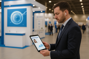 Doctor at a reproductive health conference reviewing a patient’s digital medical record on a tablet while wearing wireless earbuds.