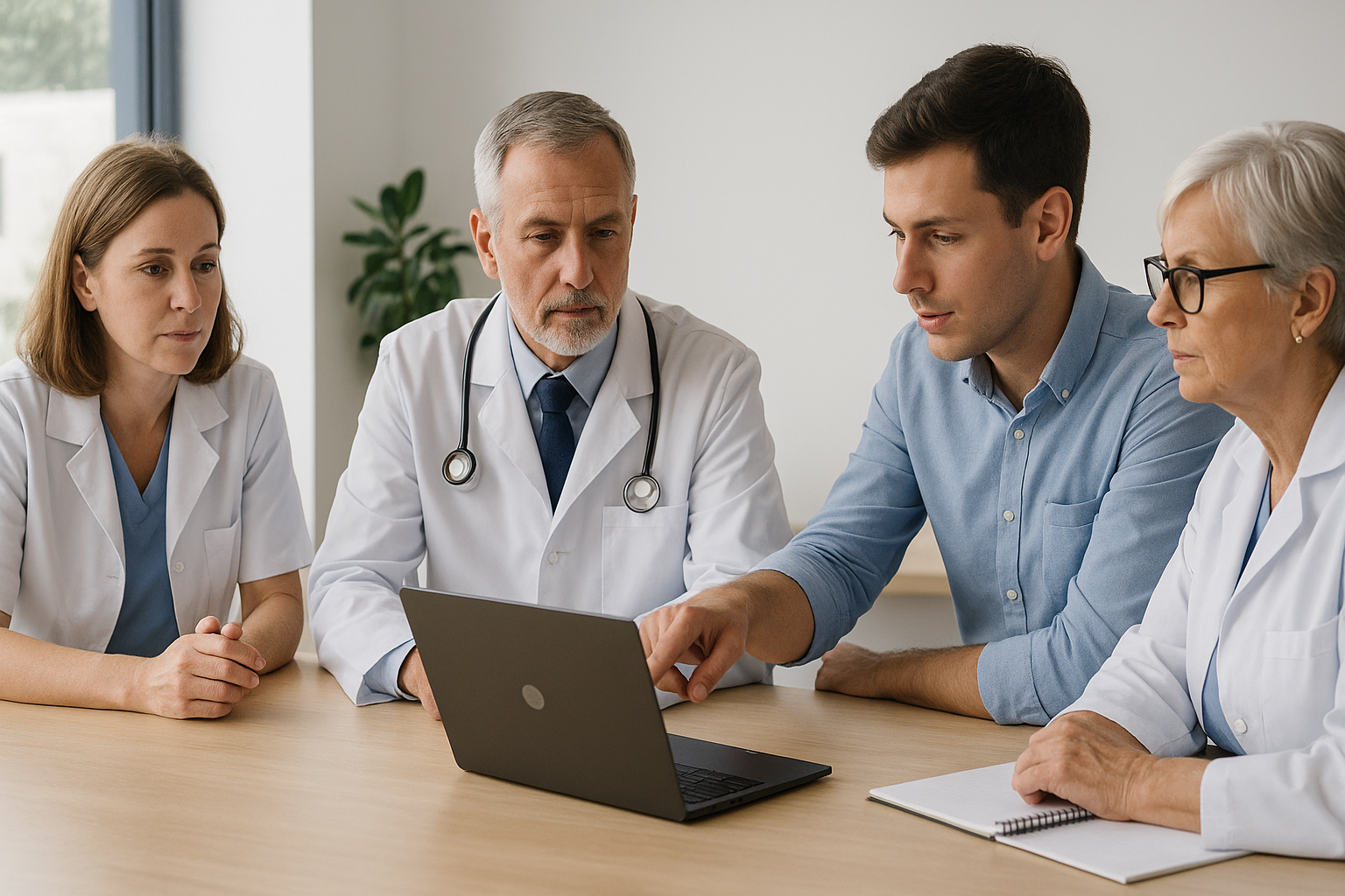 Medical professionals gathered in a modern clinic while a specialist presents information on a laptop during a meeting about EMR adoption.