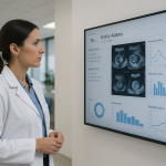 Female doctor in a white coat looking at a large screen in a clinic displaying ultrasound images, hormone charts and medical data from a fertility patient.