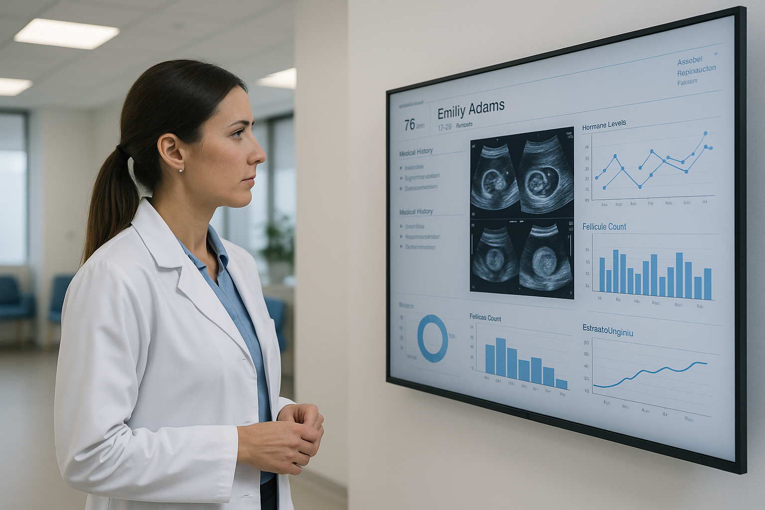 Female doctor in a white coat looking at a large screen in a clinic displaying ultrasound images, hormone charts and medical data from a fertility patient.