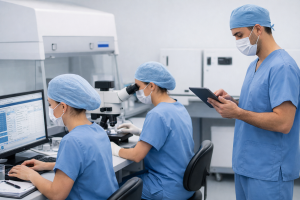 Tres embriólogos en un laboratorio de fertilidad: uno introduce datos en un ordenador, otro trabaja con un microscopio y otro revisa información en una tablet.