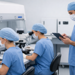 Tres embriólogos en un laboratorio de fertilidad: uno introduciendo datos en un ordenador, otro utilizando un microscopio y otro revisando información en una tablet.