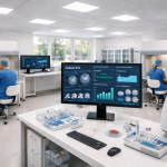 Embriólogo trabajando con microscopio y pantallas con datos de reproducción asistida en laboratorio moderno y tecnológico