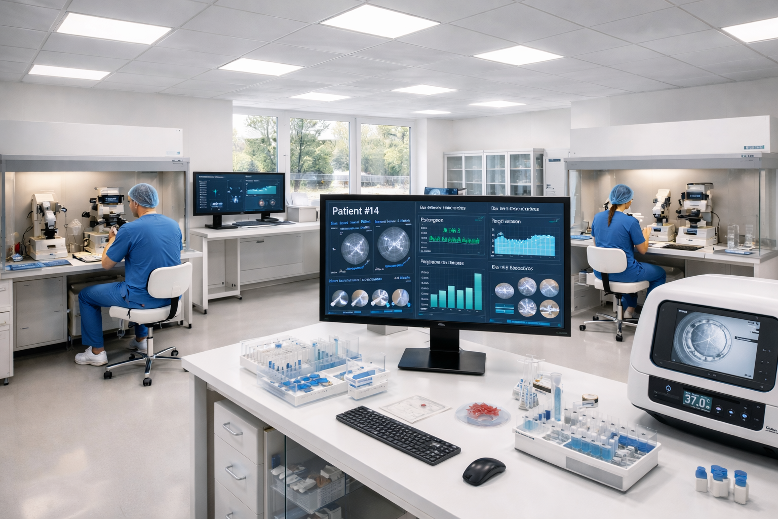 Embriólogo trabajando con microscopio y pantallas con datos de reproducción asistida en laboratorio moderno y tecnológico