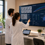 Embriólogos analizando datos clínicos y el desarrollo embrionario en un laboratorio de reproducción asistida mediante un sistema clínico inteligente.