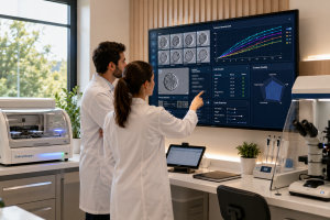 Embryologists analysing embryo development and clinical data using an intelligent clinical system in a fertility laboratory.