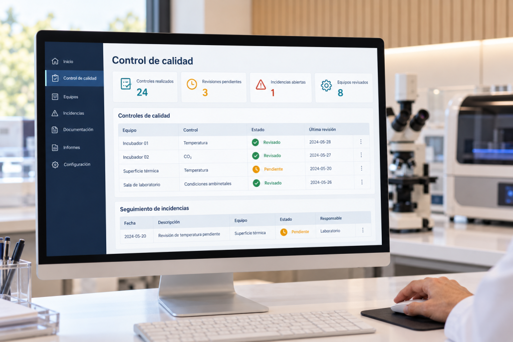 Quality management screen in an IVF laboratory showing checks, pending reviews and incident follow-up.