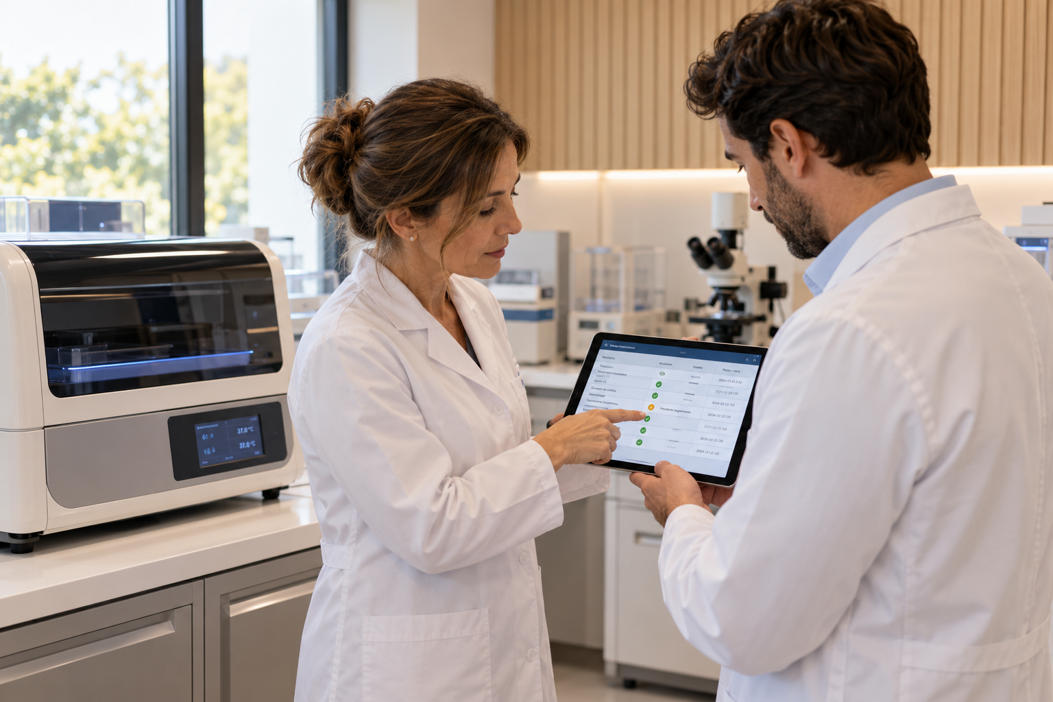 Dos profesionales revisan los controles de calidad en una tablet junto a un equipo de un laboratorio FIV.